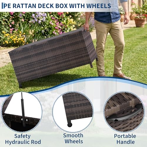 125 Gallon Large Deck Box Waterproof PE Rattan Outdoor Storage Box with Handles and Wheels, Storage Bin for Garden, Balcony, Porch, Pool, Yard | Outdoor Storage Box with Handles and Wheels, Storage Bin for Garden, Balcony, Porch, Pool, Yard