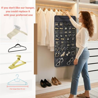 FOREGOER Hanging Jewelry Organizer Storage Roll 88 Zippered Pocket, 2-Sided | 88 Zipper Pockets, Dustproof Foldable for Travel, Accessories Organizer Holder for Earring Necklace Ring on Closet Wall Door