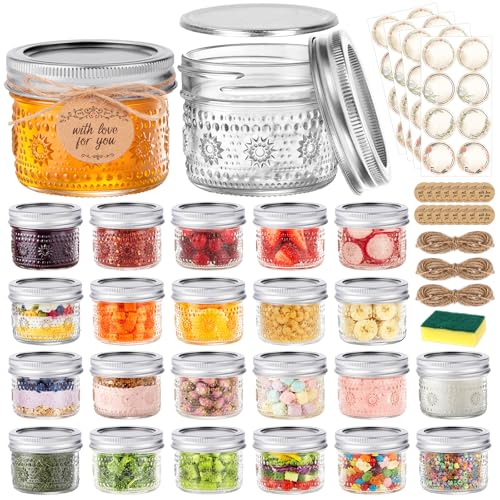 4 oz Small Embossed Mason Jars 24-Pack with Airtight Lids, Leakproof