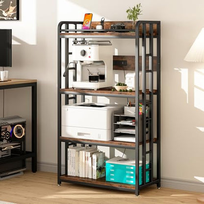 Adjustable 4-Tier Heavy Duty Kitchen Baker's Rack with Power Outlet, with Industrial Wheels, Free Standing Microwave Oven Cart Stand for Storage in Living Room, Garage, Rustic Brown