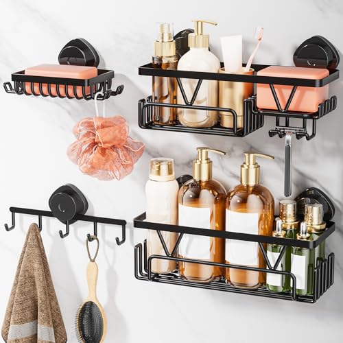 Shower Caddy Suction Cup, 4 Pack Suction Shower Sh... (4 Count | Black | Stainless Steel)