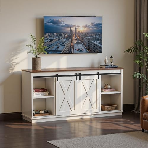 DUMOS TV Stand for 65 Inch Television, Entertainment Center with Storage Shelves, Mid Century Modern Media TV Console Table for Bedroom Living Room, Office Furniture, White