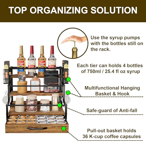 Coffee Syrup Organizer Rack, 4-Tier Stand with K-Cup Drawer & Side Hooks