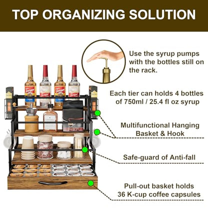 Coffee Syrup Organizer Rack, 4-Tier Stand with K-Cup Drawer & Side Hooks