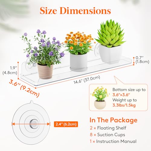Lifewit Window Plant Shelves 14.6", 2 Pack Acrylic Suction Cup Floating Shelf for Bathroom Mirror, or Kitchen Wall, Clear No-Drill Window Sill Extender for Indoor Micro Greens 37 x 9 cm/14.6x3.6