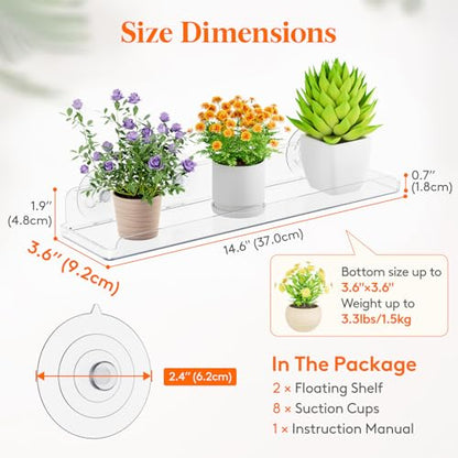 Lifewit Window Plant Shelves 14.6", 2 Pack Acrylic Suction Cup Floating Shelf for Bathroom Mirror, or Kitchen Wall, Clear No-Drill Window Sill Extender for Indoor Micro Greens 37 x 9 cm/14.6x3.6