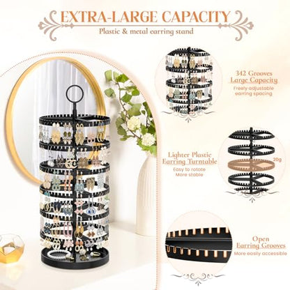 iDavosic.ly 6 Tier Rotating Earring Holder Organizer, Metal Tray, Black | Space Saving Display Stand Tree, Large Capacity Storage Rack with 342 Plastic Grooves, Adjustable for Long Dangle Hoop & Stud