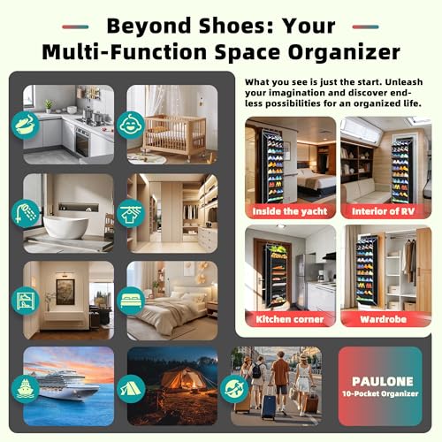 PAULONE 10-Pocket Multi-Use Over the Door Organizer, Heavy Duty 95lbs Capacity with Breathable Mesh, Versatile Hanging Storage for Shoes, Toys, Office Supplies-Classic (Black, 10-Shelf,)