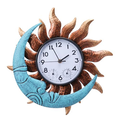 Outdoor Clock, Sun and Moon Clock for Patio Pool Garden Home Decor | Waterproof, Thermometer Combo, 14 Inch, Easy to Read
