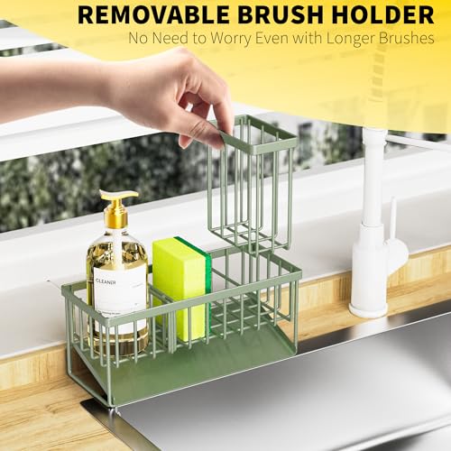 Kitchen Sink Caddy, Sponge Holder for Kitchen Sink, Kitchen Sink Organzier and Storage with High Brush Holder, 304 Stainless Gadgets Sink Accessories, Organizadores de Cocina Sage Green