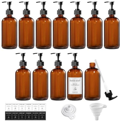 12 Pack 8oz Amber Glass Bottles with Pump Dispensers | Refillable Soap Dispensers for Shampoo, Conditioner, Lotion & Body Wash, Bathroom & Kitchen, Includes 2 Funnels & 12 Labels