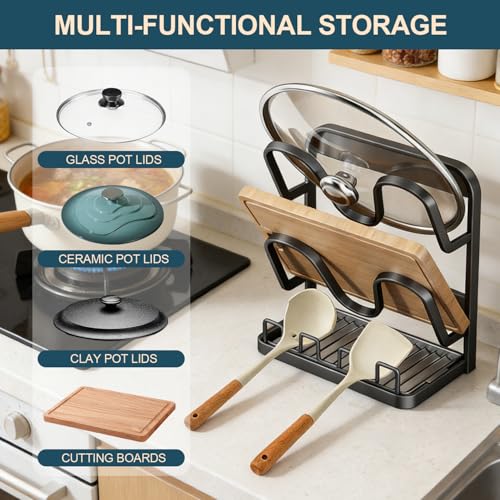 Kitchen Pot Lid Storage Rack: Carbon Steel Double-... (Grey | Metal)