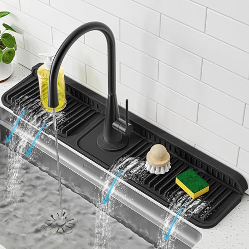 PoYang 24 Inch Faucet Mat for Kitchen Sink Splash Guard, Silicone, Black | Sink Protectors with 7° Slope for Smooth Drainage, Snap Button Holds It in Place, 90° Foldable & Cuttable Hole Fit Most Sinks