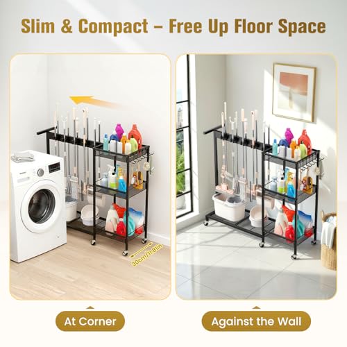 Broom Holder with Cleaning Supplies Organizer, Cleaning Utility Cart on Wheels, 10 Clips & 7 Hooks, 3-Tier Shelves, Broom Closet Storage Cabinet with Cleaning Caddy for Home Commercial Use
