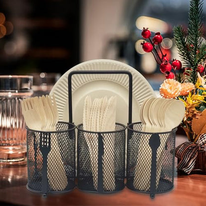 DysanVica Utensil Caddy Silverware Holder - 4 Compartment Metal Mesh Cutlery Fork Spoon Napkin Plate Organizer Flatware Storage Basket Party Kitchen Countertop Buffet Picnic Camping Outdoor BBQ Black