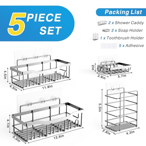 EUDELE 5-Pack Adhesive Shower Caddy Organizer, Large Capacity Rustproof Stainless Steel Shower Shelves, No Drill Bathroom Storage for Shower, Kitchen & Home Decor