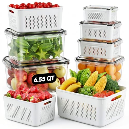 JSCARES Fruit Storage Containers for Fridge with Removable Colander, 6 Pack | Plastic Produce Saver for Refrigerator, Fruit Organizers Keep Berry Veggie Fresh Longer, Dishwasher Safe, Largest 6.55 Quart