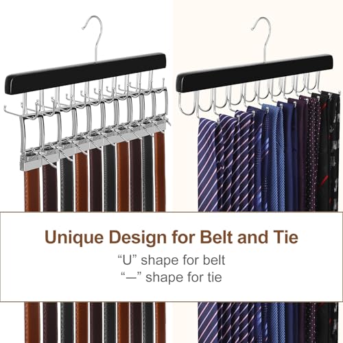 TOPIA HANGER 2 Pack 2 in 1 Belt Tie Hanger for Closet Max 60 Belts with 60 Ties Capacity, 40 Hooks Belt Tie Racks Wooden Hanger for Closet Organizer Storage “U” Fit Belt and “一” Fit Tie - CT52B