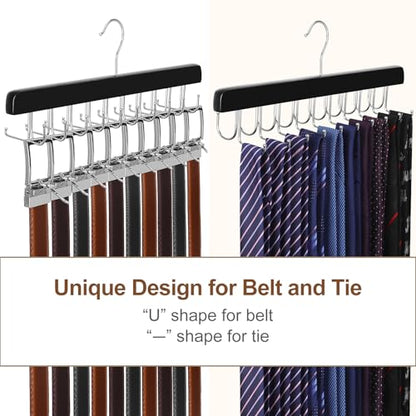 TOPIA HANGER 2 Pack 2 in 1 Belt Tie Hanger for Closet Max 60 Belts with 60 Ties Capacity, 40 Hooks Belt Tie Racks Wooden Hanger for Closet Organizer Storage “U” Fit Belt and “一” Fit Tie - CT52B