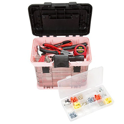 Stalwart Portable Tool Box for Women or Men, Pink, 10 x 7 x 10.5in | Small Parts Organizer with Drawers and Customizable Compartments for Hardware, Fishing Tackle Box, Beads or Crafting Supplies