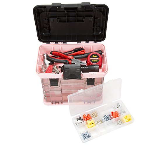 Stalwart Portable Tool Box for Women or Men, Pink, 10 x 7 x 10.5in | Small Parts Organizer with Drawers and Customizable Compartments for Hardware, Fishing Tackle Box, Beads or Crafting Supplies