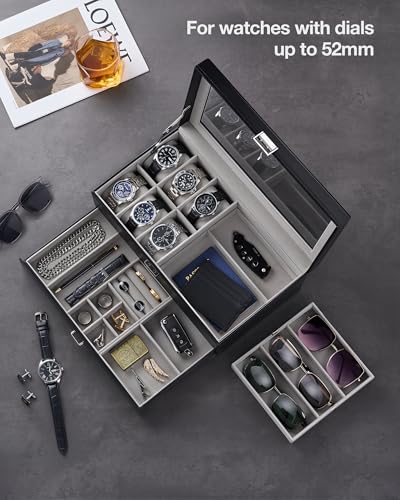 ProCase Mens Jewelry Box, 6 Slot Watch Box & 3 Slot Sunglass Holder -Black | 2-layer Lockable Sunglasses Jewelry Organizer Storage for Men, Watch Display Case with Drawer, Clear Lid, Father Gift