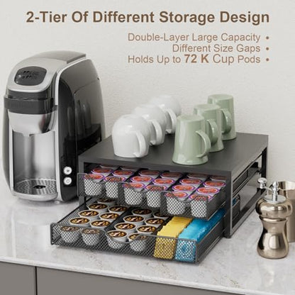 Coffee Pod Holder For Counter, 3 Pull-Out 72 K-Cup Holder Drawer, Wooden Cafe Pods Storage Organizer with Sliding Drawers for Coffee Station, Home, Kitchen, Office, Dorm (Black)