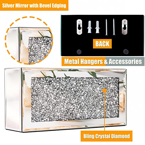 Mirrored Remote Holder, Wall Mounted Crush Diamond Bling Decoration Organizer Storage Box for Remote Phone Pad Wallet Notebook (8.3"×2.5"×4" For 3 or 4 Remote Controls)