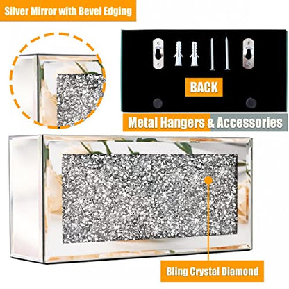 Mirrored Remote Holder, Wall Mounted Crush Diamond Bling Decoration Organizer Storage Box for Remote Phone Pad Wallet Notebook (8.3"×2.5"×4" For 3 or 4 Remote Controls)