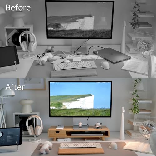 Bamboo Monitor Stand Riser with Drawer | Ergonomic Computer Riser for Desk with Cable Management & Storage Organizer, Wood Monitor Stand for Home Office
