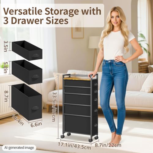 LASZOLA Narrow Cabinet Slim Storage Cart for Bathroom Small Space, Black | 5 Tiers Skinny Rolling Organizer Shelf with Sturdy Fabric Drawers, Lightweight Mobile on Wheels, Between Washer and Dryer