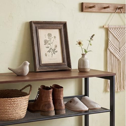Shoe Rack for Entryway 4 Tiers 11.8" D x 25" W x 28" H, Metal Shoe Rocks with Brown Wooden Tabletop, Angled Shoes Rack with Adjustable Mesh Shelves for Entryway Hallway Closet