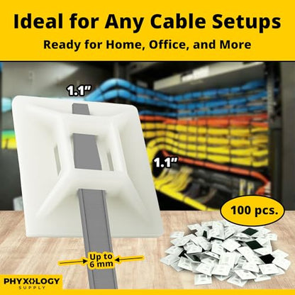 Large, Premium Zip Tie Adhesive-Backed Mounts 100 Pk by Phyxology Supply. Pro-Grade, UV White Cable Tie Bases: 1.1 in x 1.1 in. Screw-Hole Anchor Point Gives High-Strength Durability for Long-Term Use