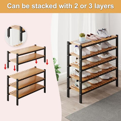 Bamboo Shoe Rack Organizer for Closet and Entryway - Space-Saving Narrow Shoe Stand - Versatile Shoe Holder for Door or Closet Shelf, Garage Bedroom can Freely Stack DIY Small Shoe Racks 3 Tier
