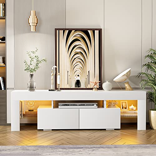 JUMMICO TV Stand with LED Lights, Modern Entertainment Center Media and Open Shelf Console Table Storage Desk with 1 Drawer and Remote Control 20 Color LED Lights up to 70 Inch TV (White)