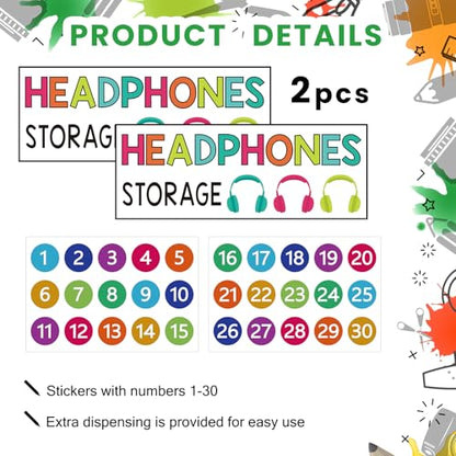 2 Pack Classroom Headphone Storage Organizer 30 Pockets PVC Clear Classroom Pocket Chart over The Door Hanging Headphone Holder Storage with Digital Stickers for Library Door Hanger(White)