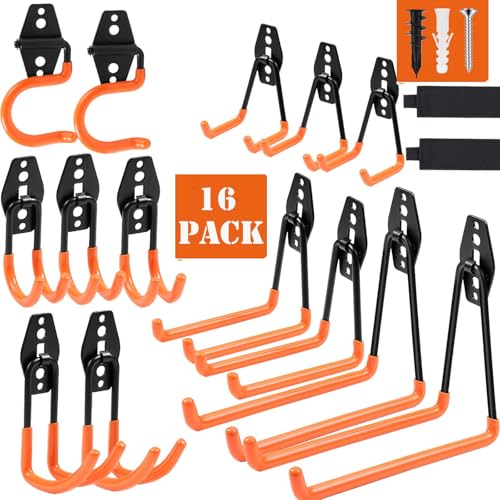 Steel Garage Storage Hooks, 16 Pack Anti-Slip Coating, Heavy Duty Wall Mount Hooks for Hanging Bike, Ladder, Garden Tools