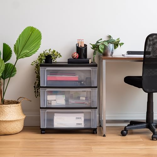 IRIS USA 3-Drawer Wide Storage Cart with Wheels, Organizer, Black | Store clothing, towels, office supplies, craft materials and household essentials with organized storage around your home