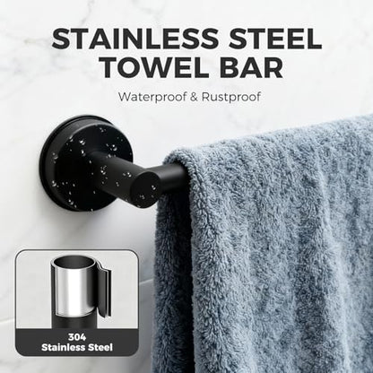 Adjustable Suction Cup Towel Bar for Bathroom Wall,14.6Inch~24 Inch Towel Racks for Bathroom,Stainless Steel Bath Towel Holder for Shower(Matte Black)