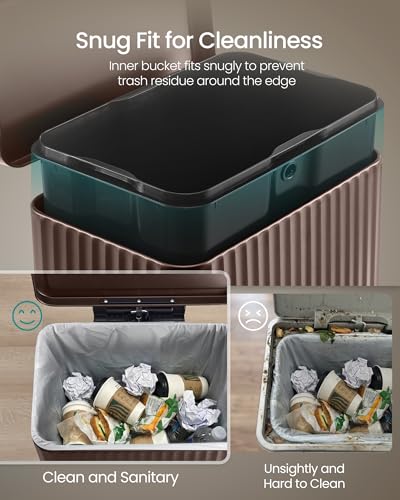 SONGMICS Trash Can, 13 Gallon (50 L) Garbage Can for Kitchen, with Lid, Pedal, and Removable Inner Bucket, Soft Close, Stainless Steel, 15 Trash Bags (Code K) Included, Brown ULTB586MZ01