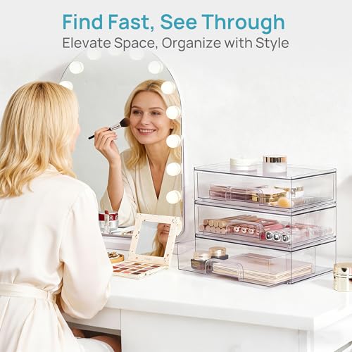 Vtopmart Clear Stackable Storage Drawers, 2 Pack Wide Plastic Organizers | Clear Pull-Out Plastic Drawers, Stackable Design for Makeup Palettes, Cosmetics, Beauty Supplies, Vanity, Cabinet and Desk