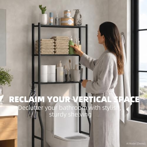 3-Tier Over Toilet Storage, Anti-Tilt, 64" H, Black | Anti-Tilt Safety System, 150lb Capacity, Carbon Steel, Freestanding, No Drilling, Anti-Rust Coating, Paper Holder & 4 Hooks