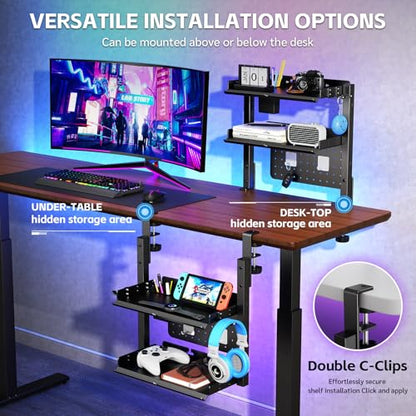 Metal Clamp On Desk Shelf,Storage Shelves with Pegboard and Pencil Holder | 2-Tier Adjustable 16 inch Above or Under Heavy Duty Desktop Organizer with Headphone Holder for Desk Accessories (Black)