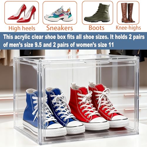 3 Pack XXX-Large Tall Boot Storage Organizer, 17.3x13x13'' Display Case | Shoe Boxes Extra Large Helmet Showcase Clear Stackable Hangbag Tote Bag with Magnetic Lid, 3 Pack Boxes with 2 Shoe Bags