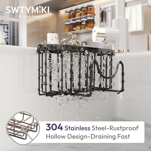 Sponge Holder for Kitchen Sink - Movable Kitchen Sink Caddy with M Shape Hook, Stainless Steel Hanging Sponges Caddy Organizer in Double Bowl Sinks Depth>3.15in, Middle Divider<1.5in, Black