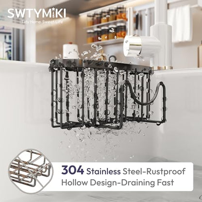 Sponge Holder for Kitchen Sink - Movable Kitchen Sink Caddy with M Shape Hook, Stainless Steel Hanging Sponges Caddy Organizer in Double Bowl Sinks Depth>3.15in, Middle Divider<1.5in, Black