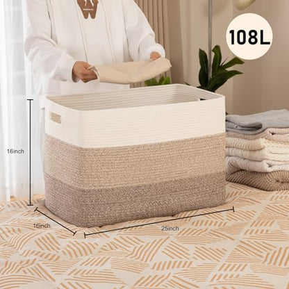 OIAHOMY 108L Super Large Blanket Basket, 25”x16”x16”(108L) Rectangle Woven Baskets for Storage, Cotton Rope Basket For Living Room, Toy Storage with Handle- Gradient Brown