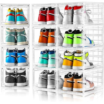 12 Pack Clear Shoe Storage, Stackable Shoe Organizer, Shoe Boxes for Closet | Plastic Shoe Containers with Magnetic Door, Sturdy Sneaker Storage Organizer, Shoe Cabinet Fit up to US Size 12