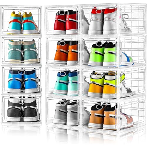 12 Pack Clear Shoe Storage, Stackable Shoe Organizer, Shoe Boxes for Closet | Plastic Shoe Containers with Magnetic Door, Sturdy Sneaker Storage Organizer, Shoe Cabinet Fit up to US Size 12