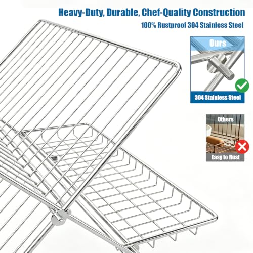 Stainless Steel Foldable Dish Drying Rack, 2 Tier Collapsible Kitchen Rack for Counter, Large Capacity Expandable Dish Drainer Rust Proof